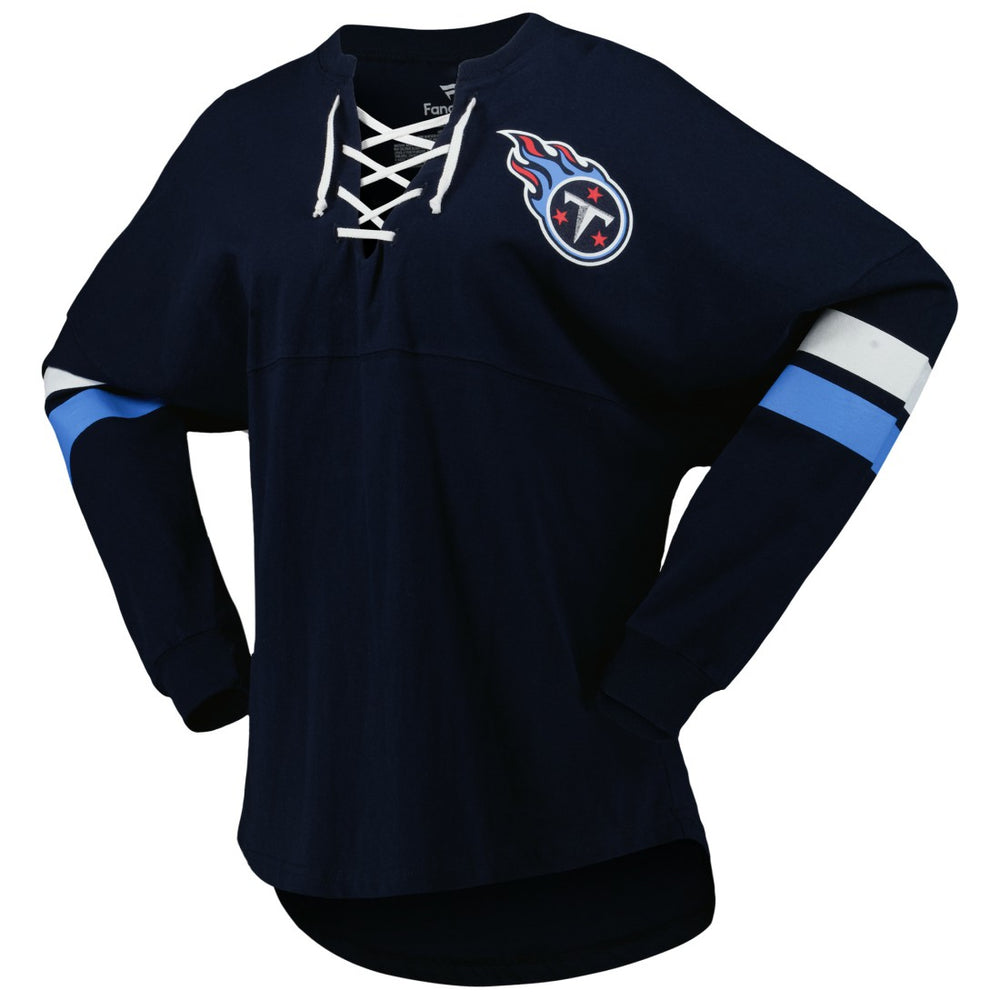 Tennessee Titans Women's Spirit Jersey Lace-Up V-Neck Long Sleeve T-Shirt Navy | Fanatics
