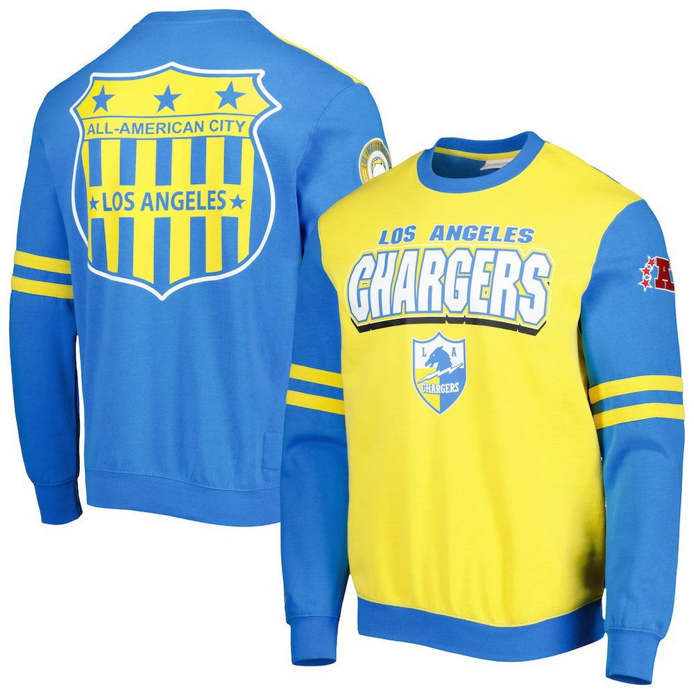 Los Angeles Chargers All Over 2.0 Pullover Sweatshirt Gold | Mitchell & Ness