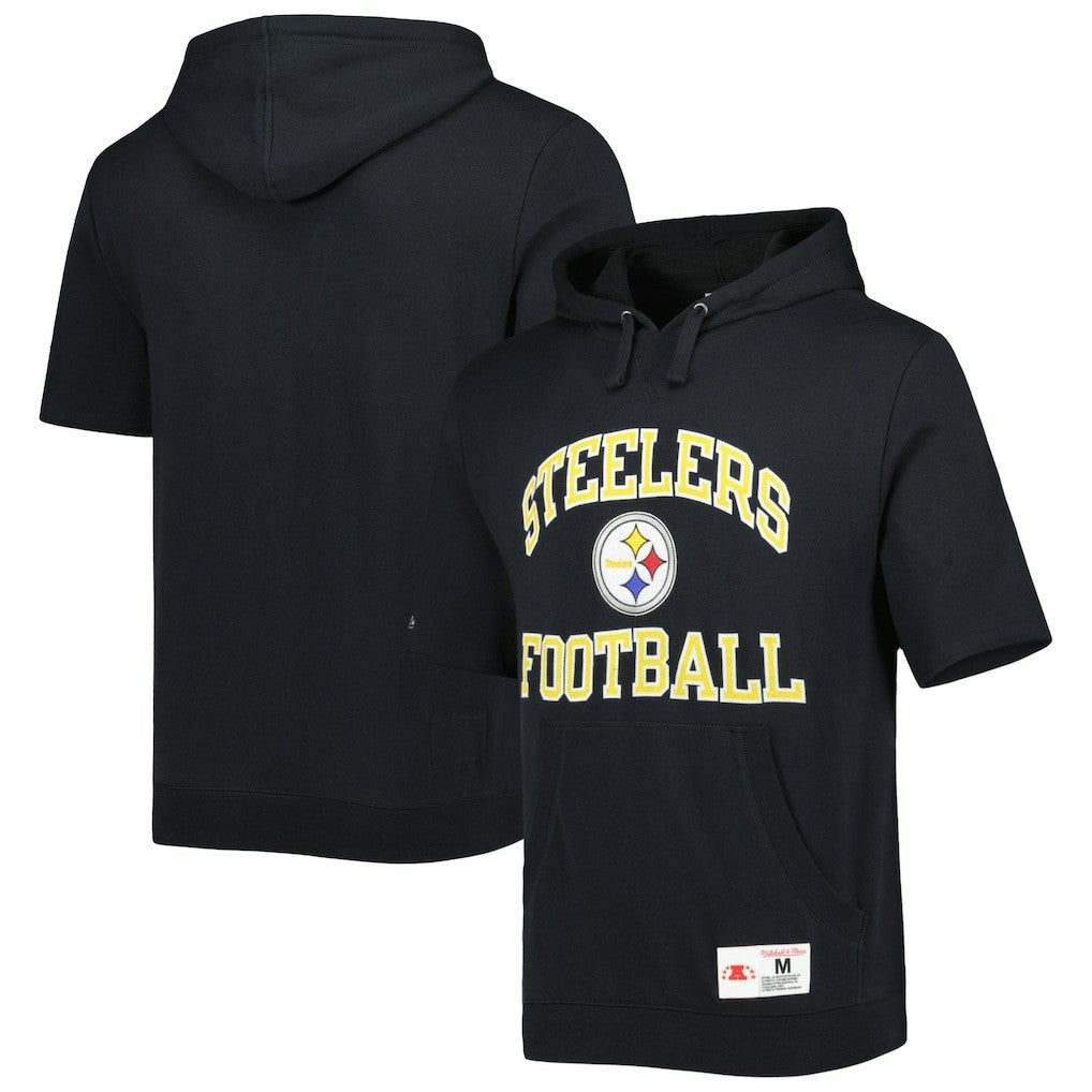 Pittsburgh Steelers Washed Short Sleeve Pullover Hoodie Black | Mitchell & Ness