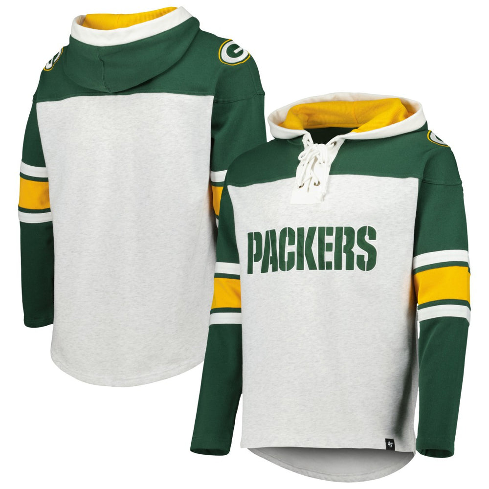 Green Bay Packers '47 Gridiron Lace-Up Pullover Hoodie Heather Gray | 47 brand