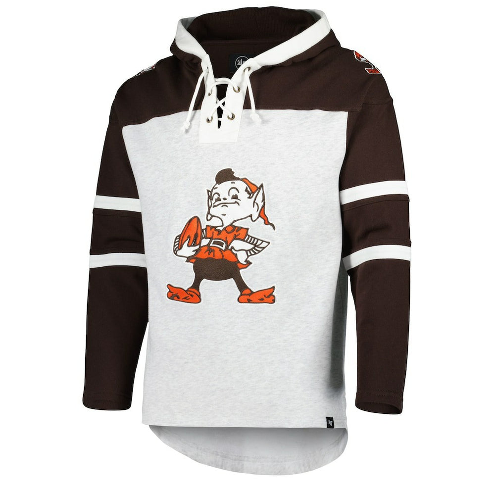 Cleveland Browns '47 Brownie The Elf Historic Logo Gridiron Lace-Up Pullover Hoodie Heather Gray | 47 brand