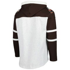 Cleveland Browns '47 Brownie The Elf Historic Logo Gridiron Lace-Up Pullover Hoodie Heather Gray | 47 brand