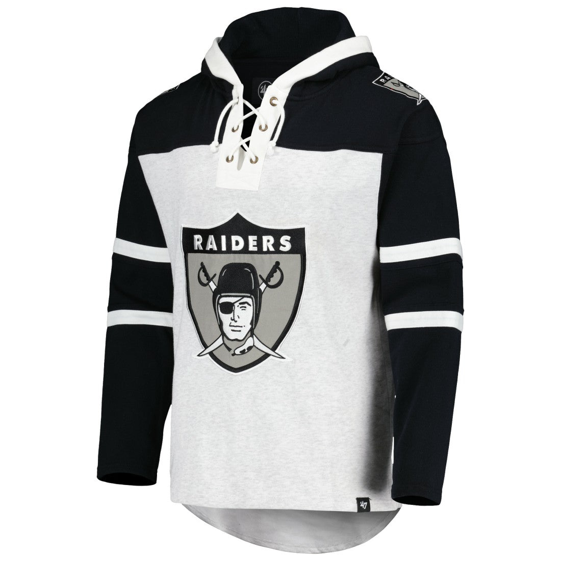 Las Vegas Raiders '47 Historic Logo Gridiron Lace-Up Pullover Hoodie Heather Gray | 47 brand