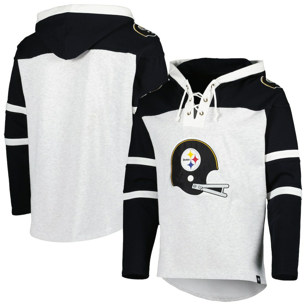 Pittsburgh Steelers '47 Historic Logo Gridiron Lace-Up Pullover Hoodie Heather Gray | 47 brand