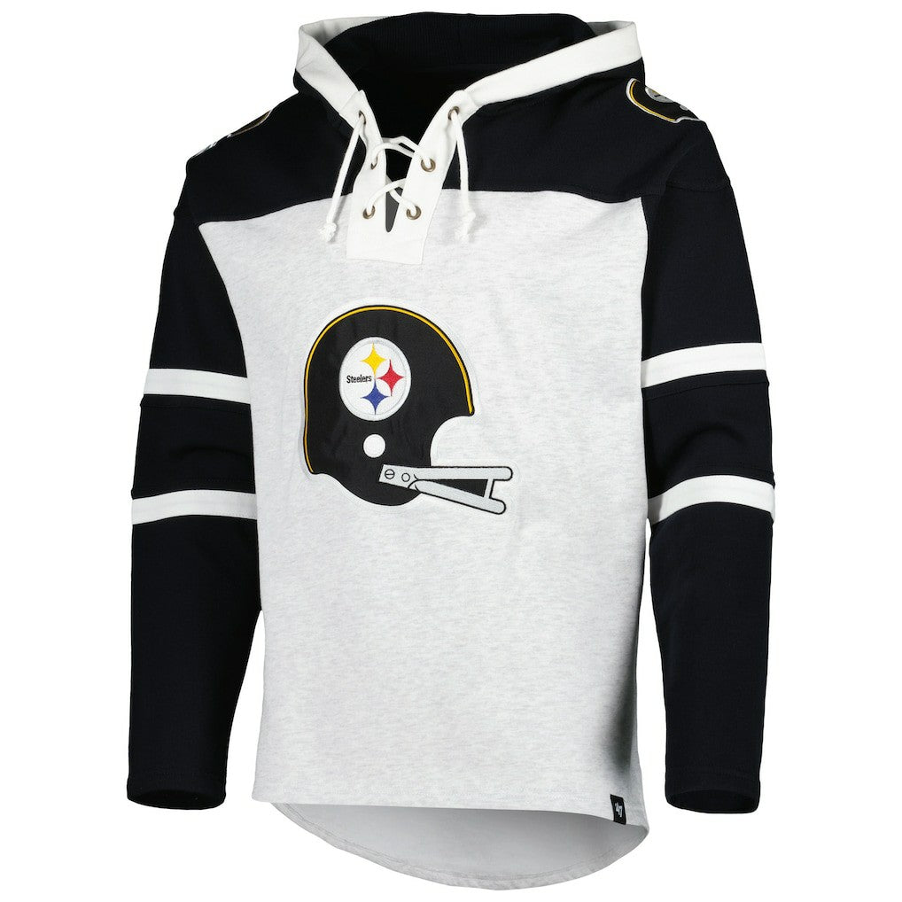 Pittsburgh Steelers '47 Historic Logo Gridiron Lace-Up Pullover Hoodie Heather Gray | 47 brand