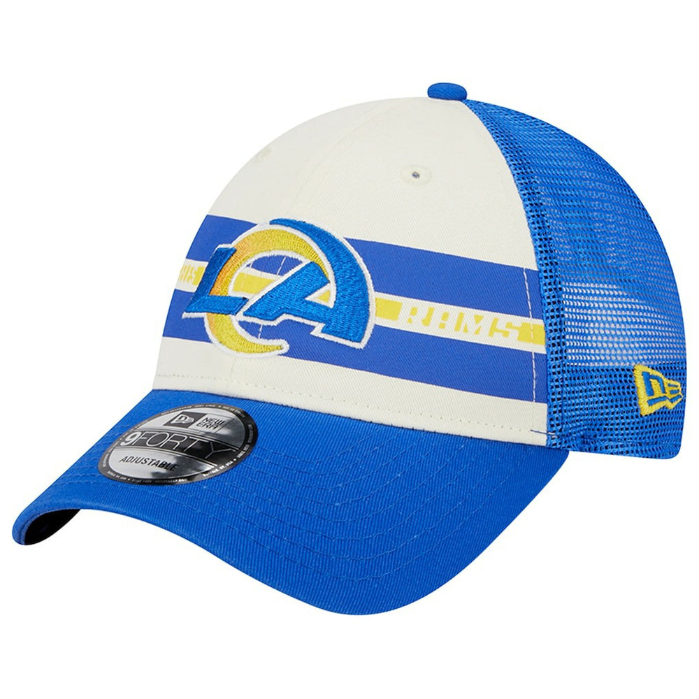 Los Angeles Rams New Era Team Stripe Trucker 9FORTY Snapback Hat Cream/Royal | NFL