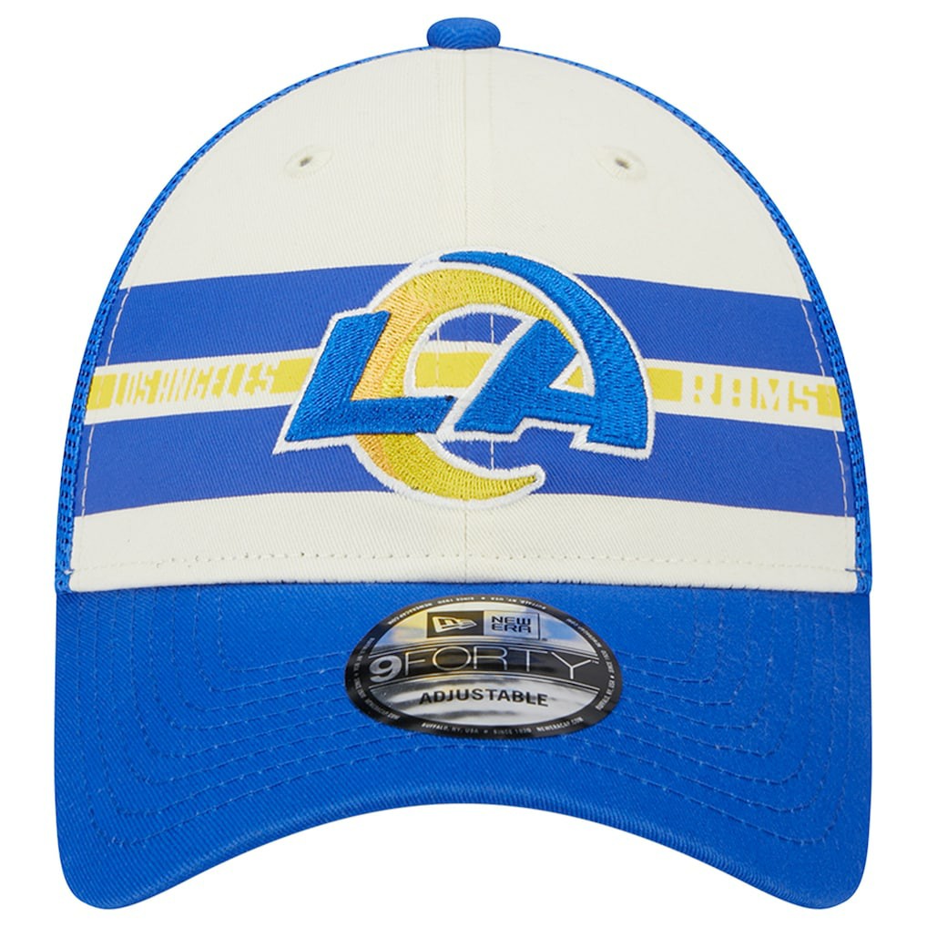 Los Angeles Rams New Era Team Stripe Trucker 9FORTY Snapback Hat Cream/Royal | NFL