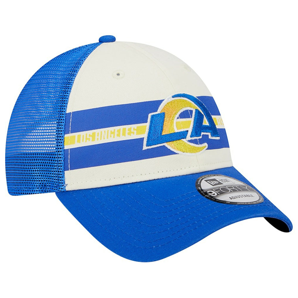 Los Angeles Rams New Era Team Stripe Trucker 9FORTY Snapback Hat Cream/Royal | NFL