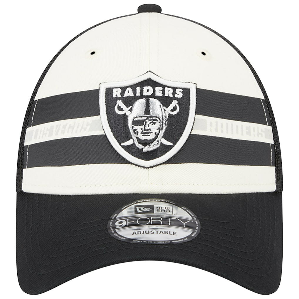 Las Vegas Raiders New Era Team Stripe Trucker 9FORTY Snapback Hat Cream/Black | NFL