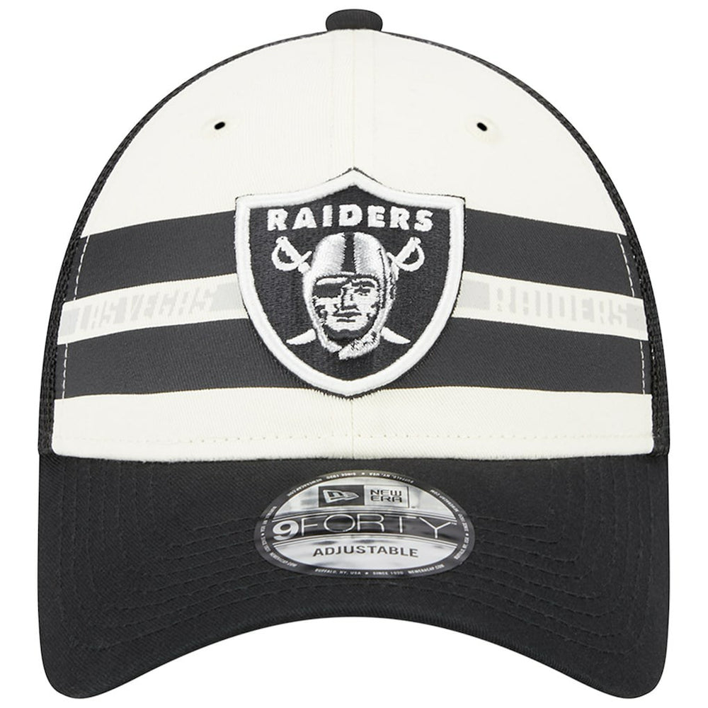 Las Vegas Raiders New Era Team Stripe Trucker 9FORTY Snapback Hat Cream/Black | NFL