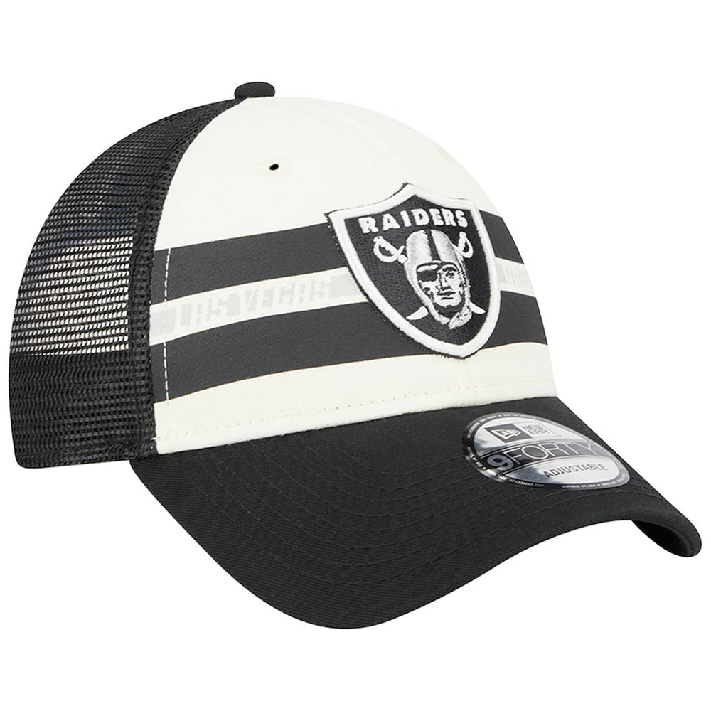 Las Vegas Raiders New Era Team Stripe Trucker 9FORTY Snapback Hat Cream/Black | NFL