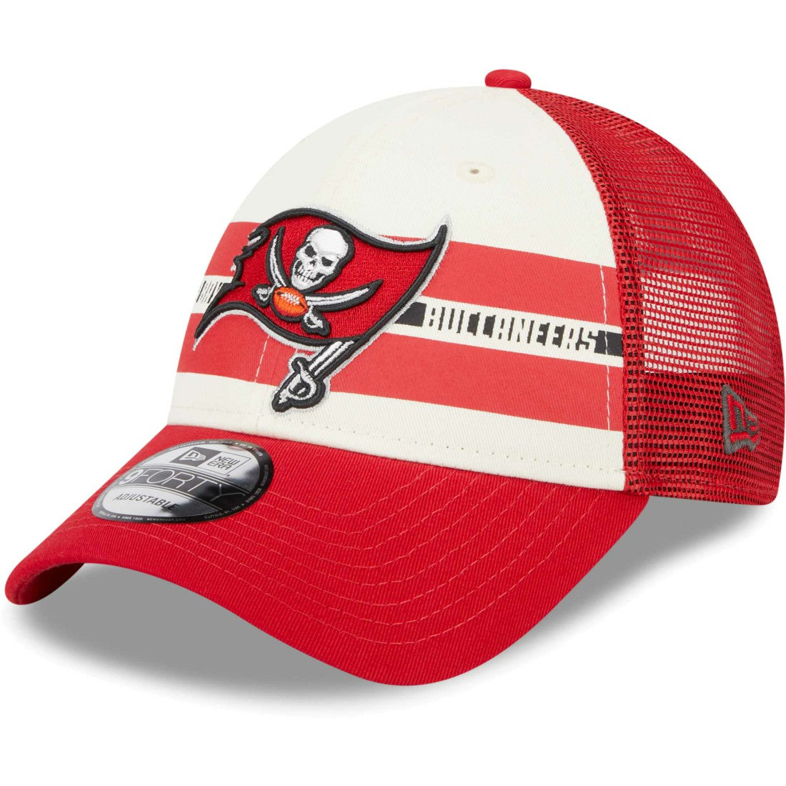 Tampa Bay Buccaneers New Era Team Stripe Trucker 9FORTY Snapback Hat Cream/Red | NFL