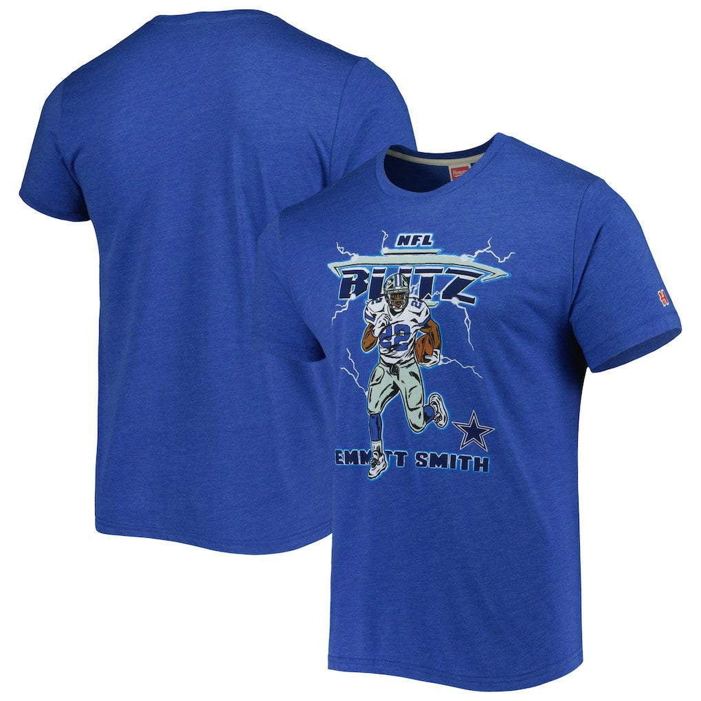 Emmitt Smith Dallas Cowboys Homage Unisex NFL Blitz Retired Player Tri-Blend T-Shirt Heathered Heather Royal | NFL