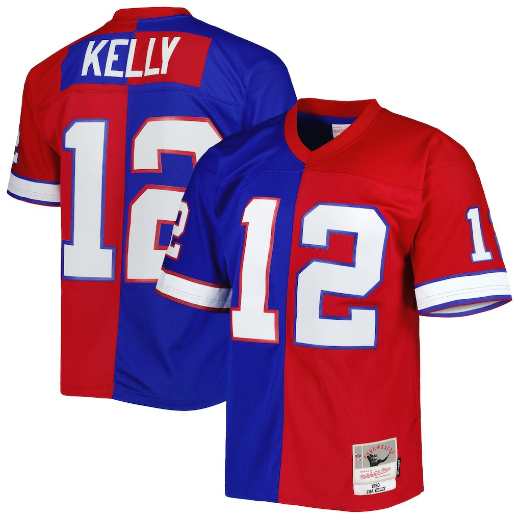Jim Kelly Buffalo Bills 1990 Split Legacy Replica Jersey Royal/Red | Mitchell & Ness