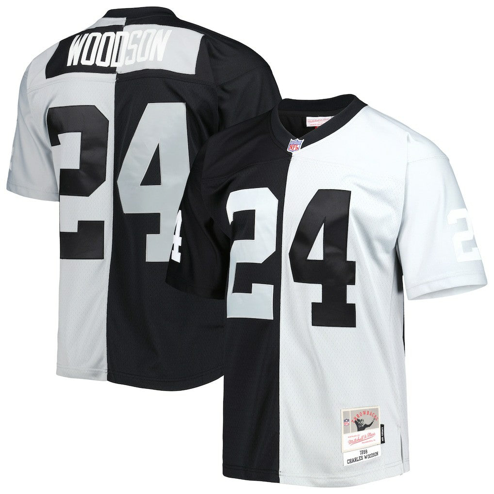 Charles Woodson Las Vegas Raiders 1998 Split Legacy Replica Jersey Black/Silver | Mitchell & Ness