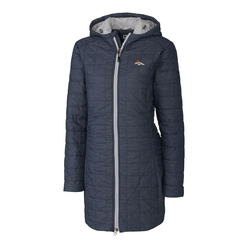 Denver Broncos Cutter & Buck Women's Rainier Primaloft Eco Hooded Long Lightweight Coat Heather Navy | NFL