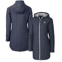 New York Giants Cutter & Buck Women's Rainier Primaloft Eco Hooded Long Lightweight Coat Heather Navy | NFL