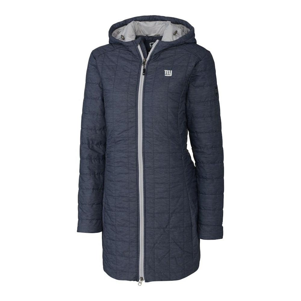 New York Giants Cutter & Buck Women's Rainier Primaloft Eco Hooded Long Lightweight Coat Heather Navy | NFL