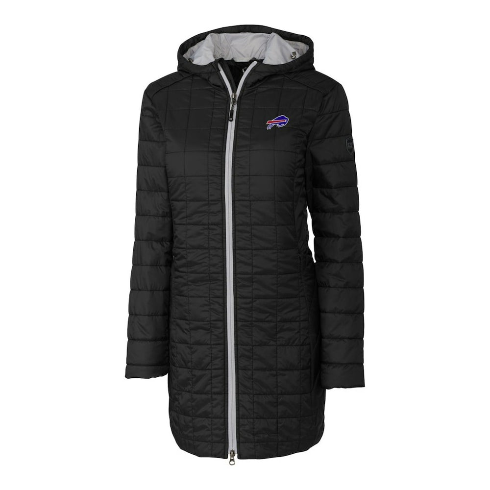 Buffalo Bills Cutter & Buck Women's Rainier Primaloft Eco Hooded Long Lightweight Coat Black | NFL