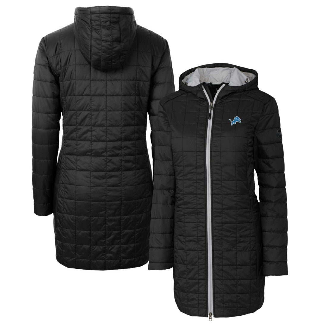 Detroit Lions Cutter & Buck Women's Rainier Primaloft Eco Hooded Long Lightweight Coat Black | NFL