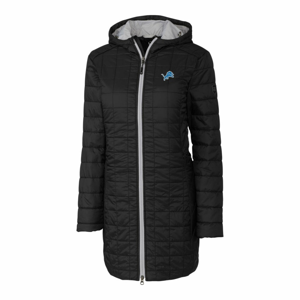 Detroit Lions Cutter & Buck Women's Rainier Primaloft Eco Hooded Long Lightweight Coat Black | NFL