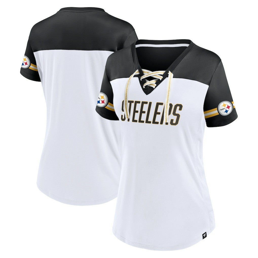 Pittsburgh Steelers Women's Dueling Slant V-Neck Lace-Up T-Shirt White | Fanatics