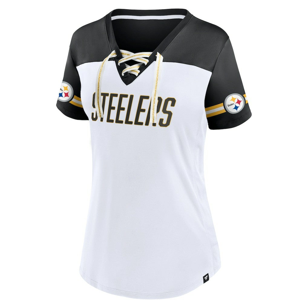 Pittsburgh Steelers Women's Dueling Slant V-Neck Lace-Up T-Shirt White | Fanatics