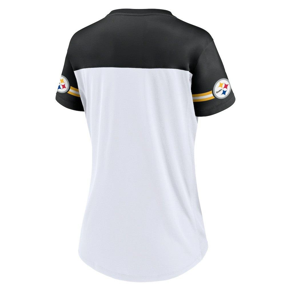 Pittsburgh Steelers Women's Dueling Slant V-Neck Lace-Up T-Shirt White | Fanatics