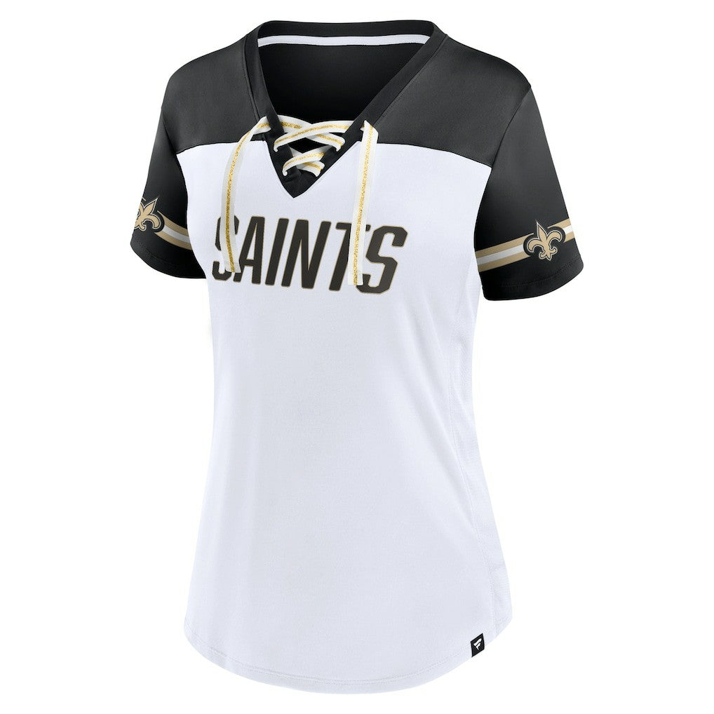 New Orleans Saints Women's Dueling Slant V-Neck Lace-Up T-Shirt White | Fanatics
