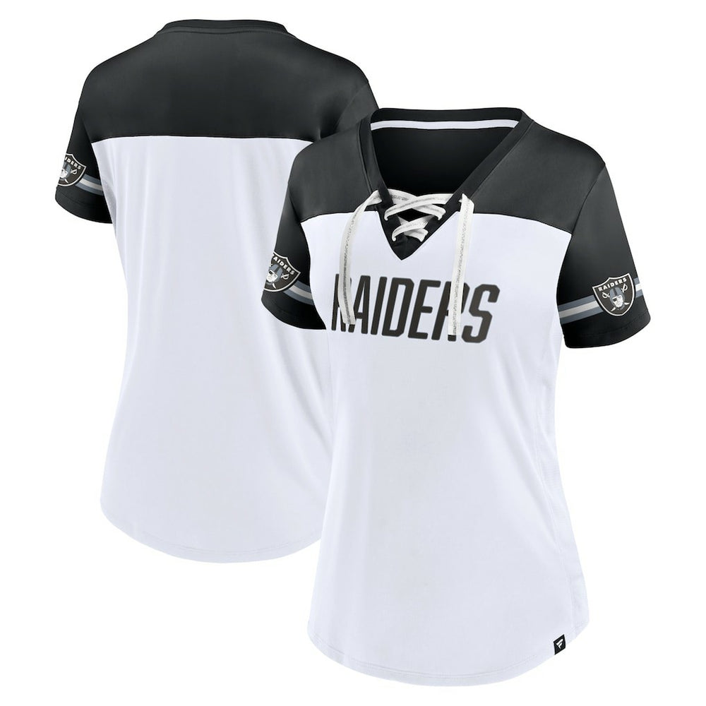 Las Vegas Raiders Women's Dueling Slant V-Neck Lace-Up T-Shirt White | Fanatics