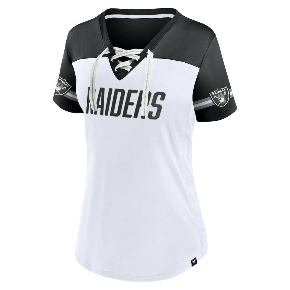 Las Vegas Raiders Women's Dueling Slant V-Neck Lace-Up T-Shirt White | Fanatics