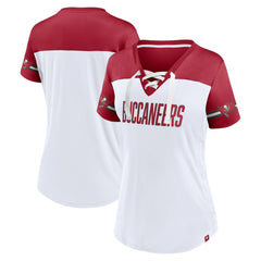 Tampa Bay Buccaneers Women's Dueling Slant V-Neck Lace-Up T-Shirt White | Fanatics