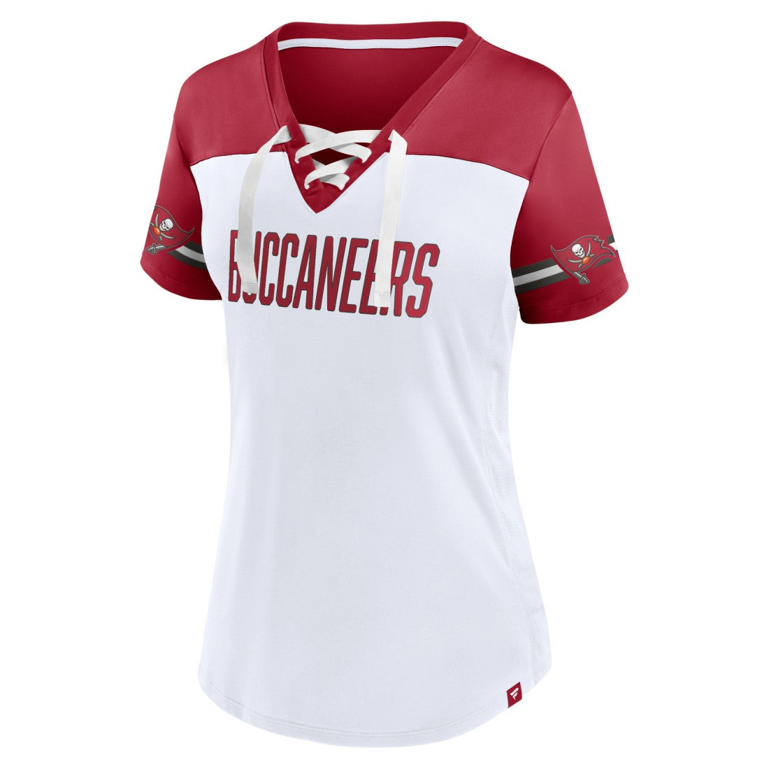 Tampa Bay Buccaneers Women's Dueling Slant V-Neck Lace-Up T-Shirt White | Fanatics