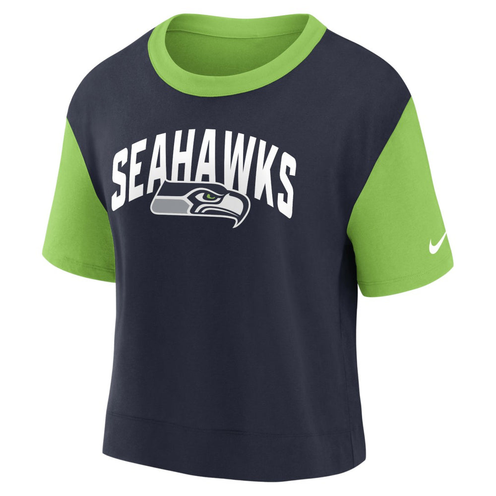 Seattle Seahawks Women's High Hip Fashion T-Shirt Neon Green/College Navy | Nike for Sale