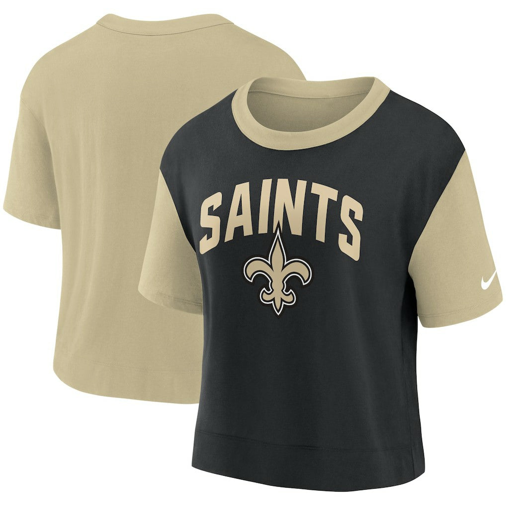 New Orleans Saints Women's High Hip Fashion T-Shirt Gold/Black | Nike for Sale