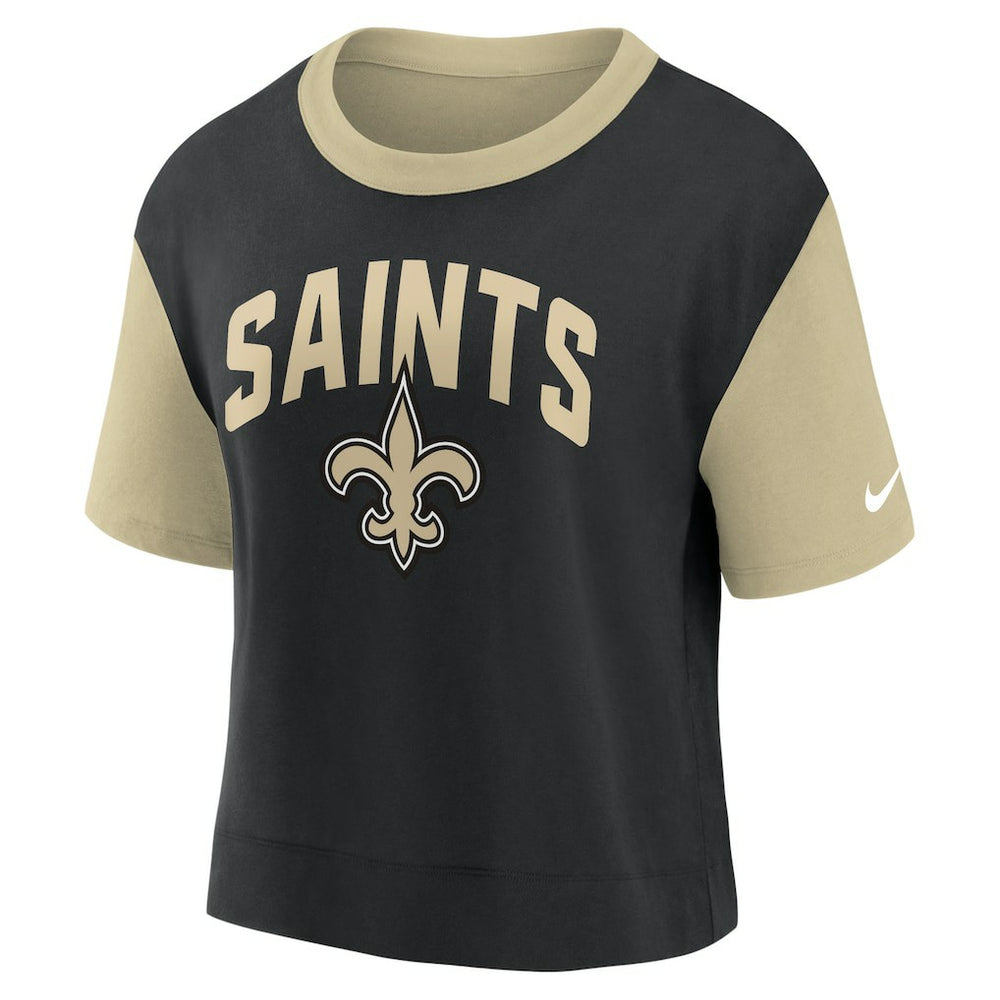 New Orleans Saints Women's High Hip Fashion T-Shirt Gold/Black | Nike for Sale