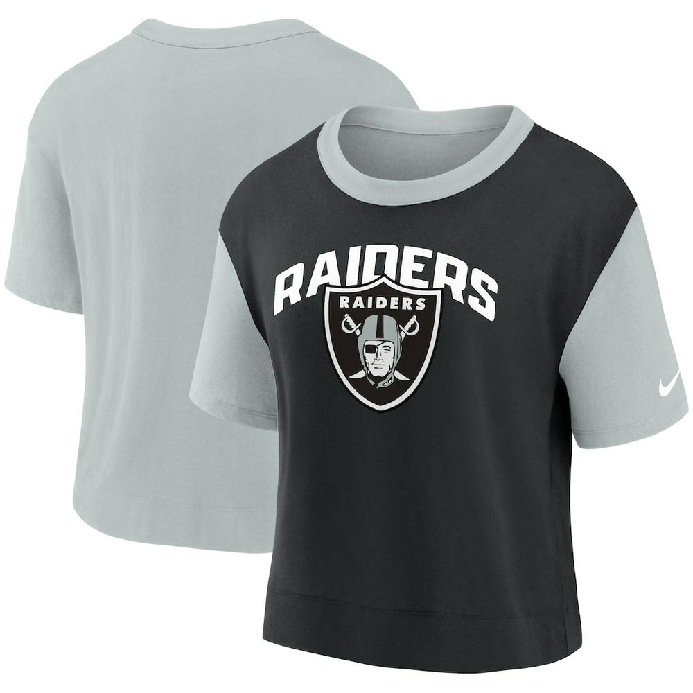 Las Vegas Raiders Women's High Hip Fashion T-Shirt Silver/Black | Nike for Sale