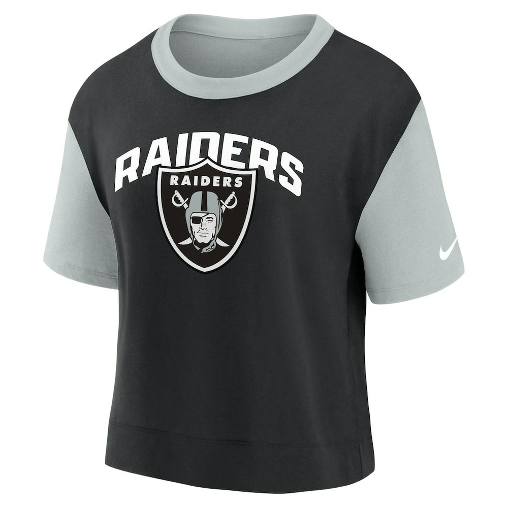 Las Vegas Raiders Women's High Hip Fashion T-Shirt Silver/Black | Nike for Sale