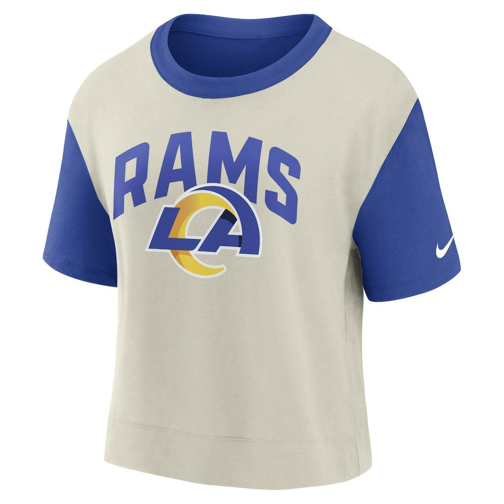 Los Angeles Rams Women's High Hip Fashion T-Shirt Royal/Bone | Nike for Sale