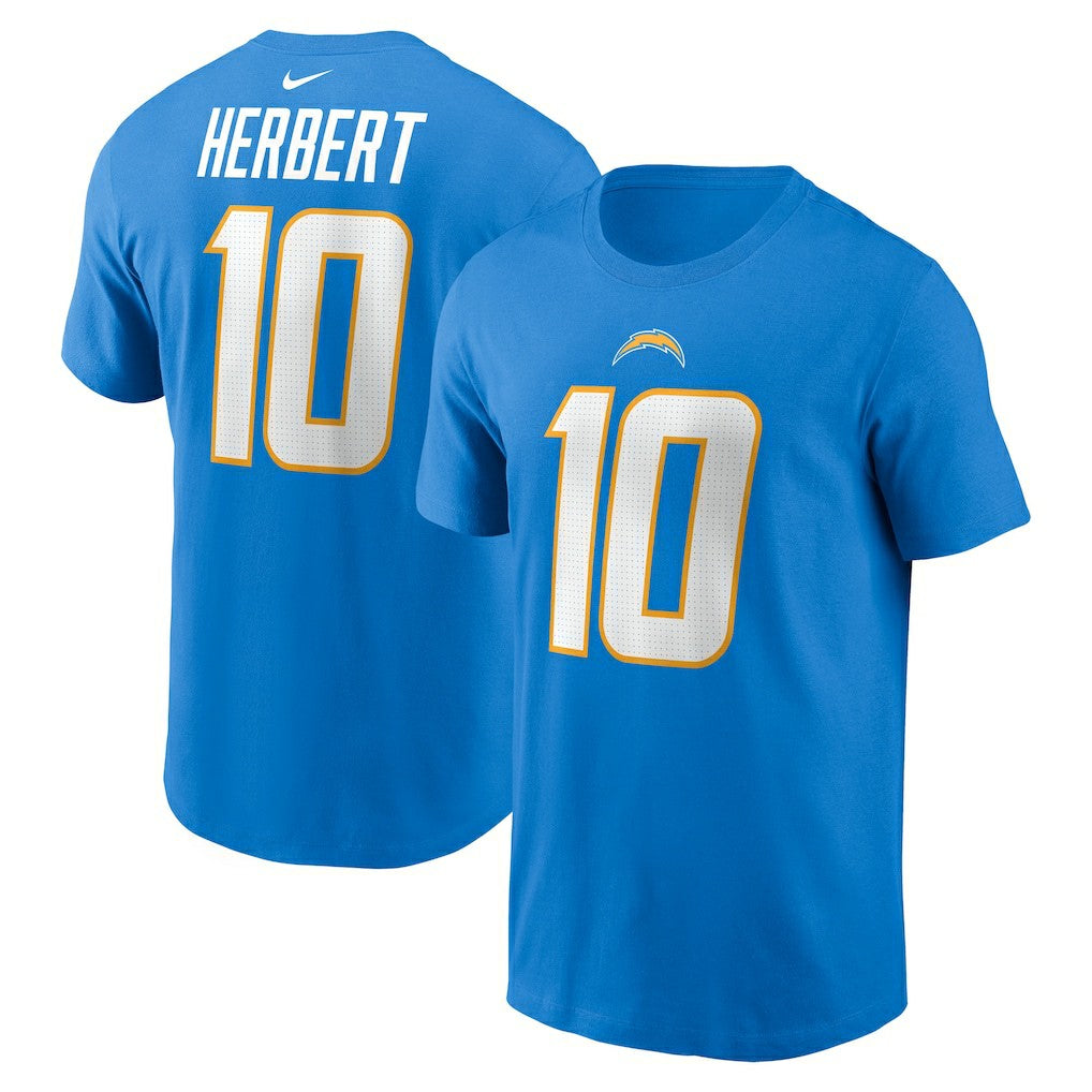 Justin Herbert Los Angeles Chargers Player Name & Number T-Shirt Powder Blue | Nike for Sale