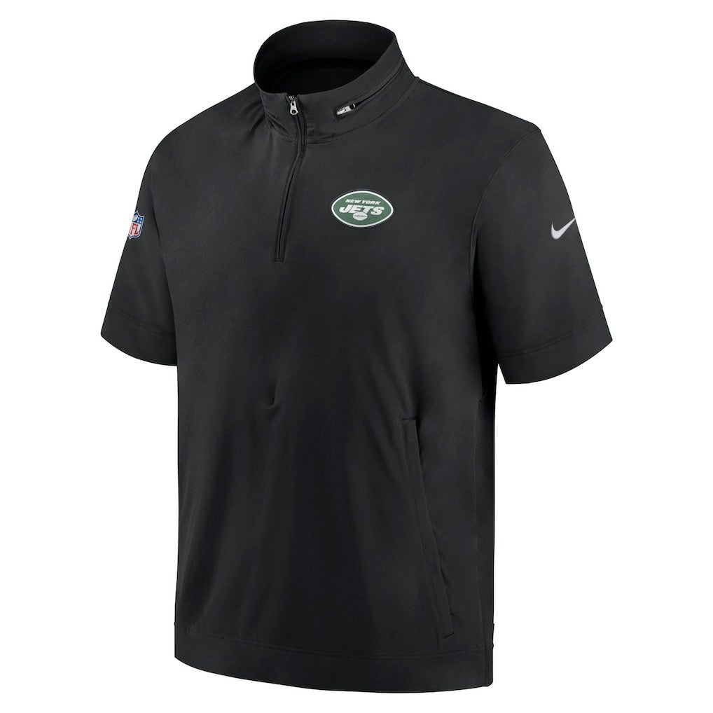 New York Jets Sideline Coach Short Sleeve Hoodie Quarter-Zip Jacket - Black | Nike for Sale