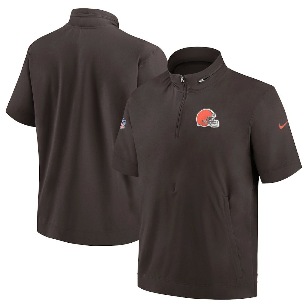 Cleveland Browns Sideline Coach Short Sleeve Hoodie Quarter-Zip Jacket - Brown | Nike for Sale