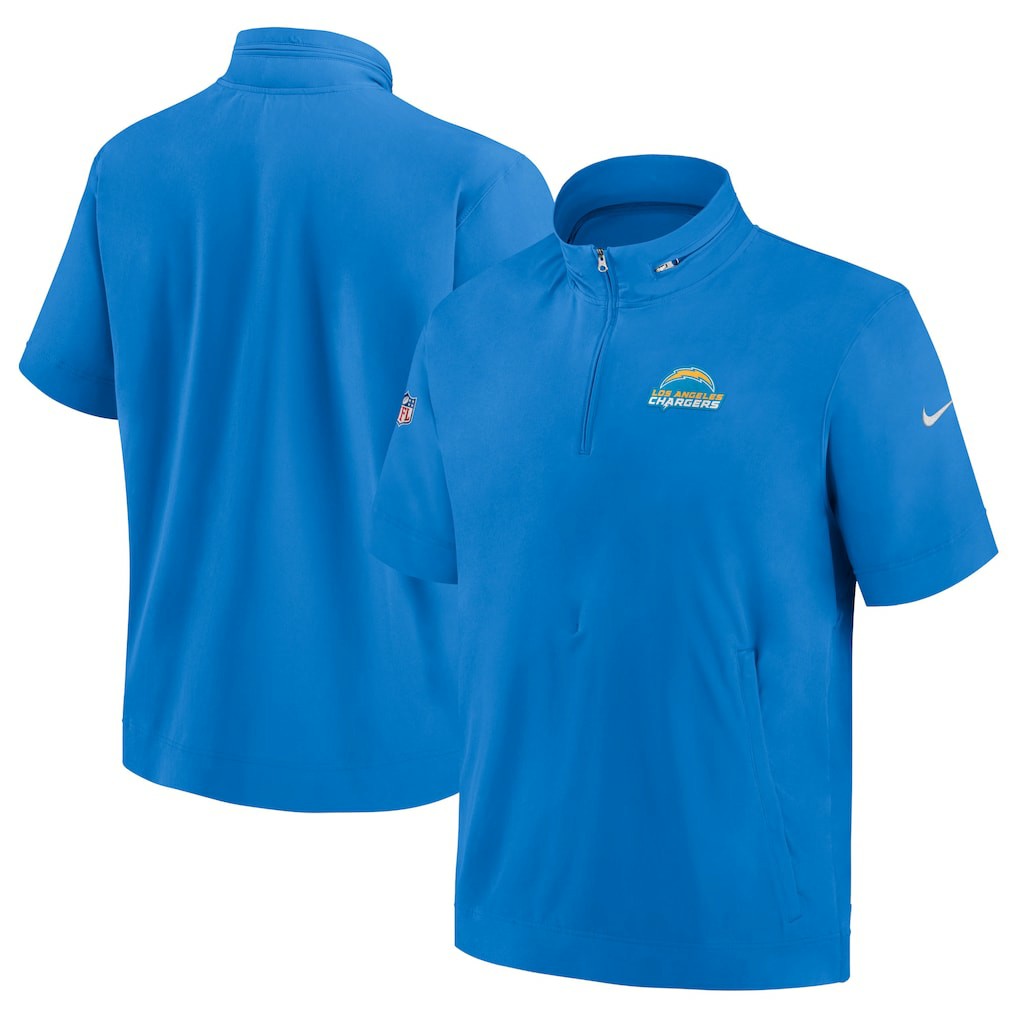 Los Angeles Chargers Sideline Coach Short Sleeve Hoodie Quarter-Zip Jacket - Powder Blue | Nike for Sale