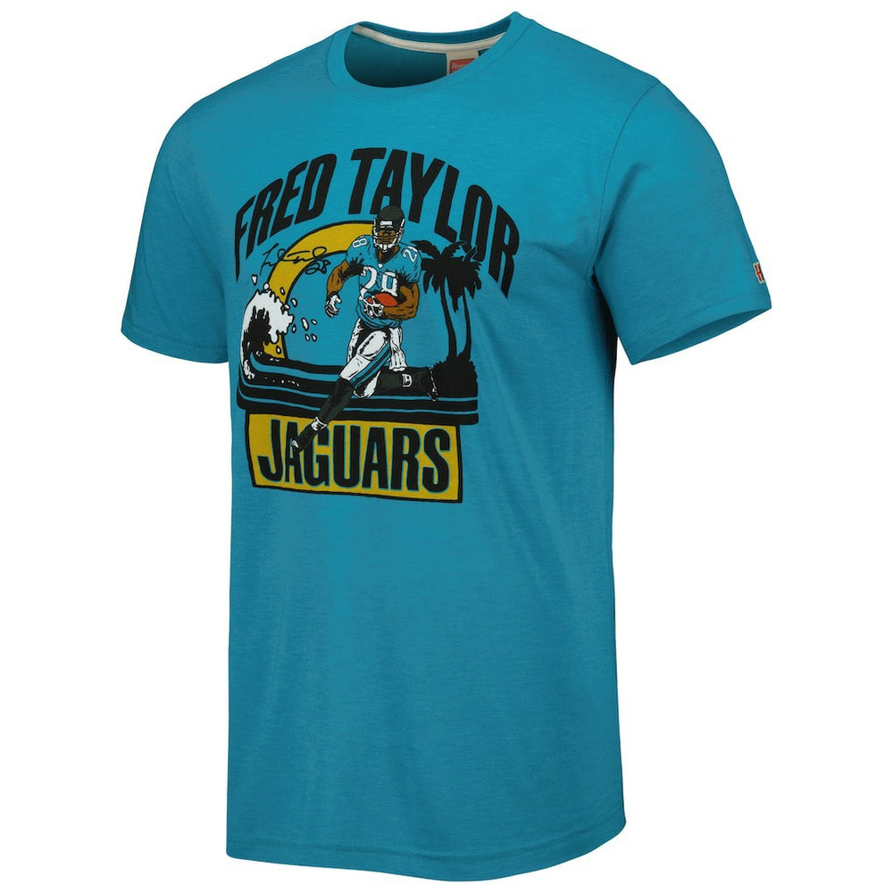 Fred Taylor Jacksonville Jaguars Homage Unisex Caricature Retired Player Tri-Blend T-Shirt Teal | NFL