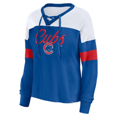 Chicago Cubs Fanatics Women's Even Match Lace-Up Long Sleeve V-Neck T-Shirt - MLB