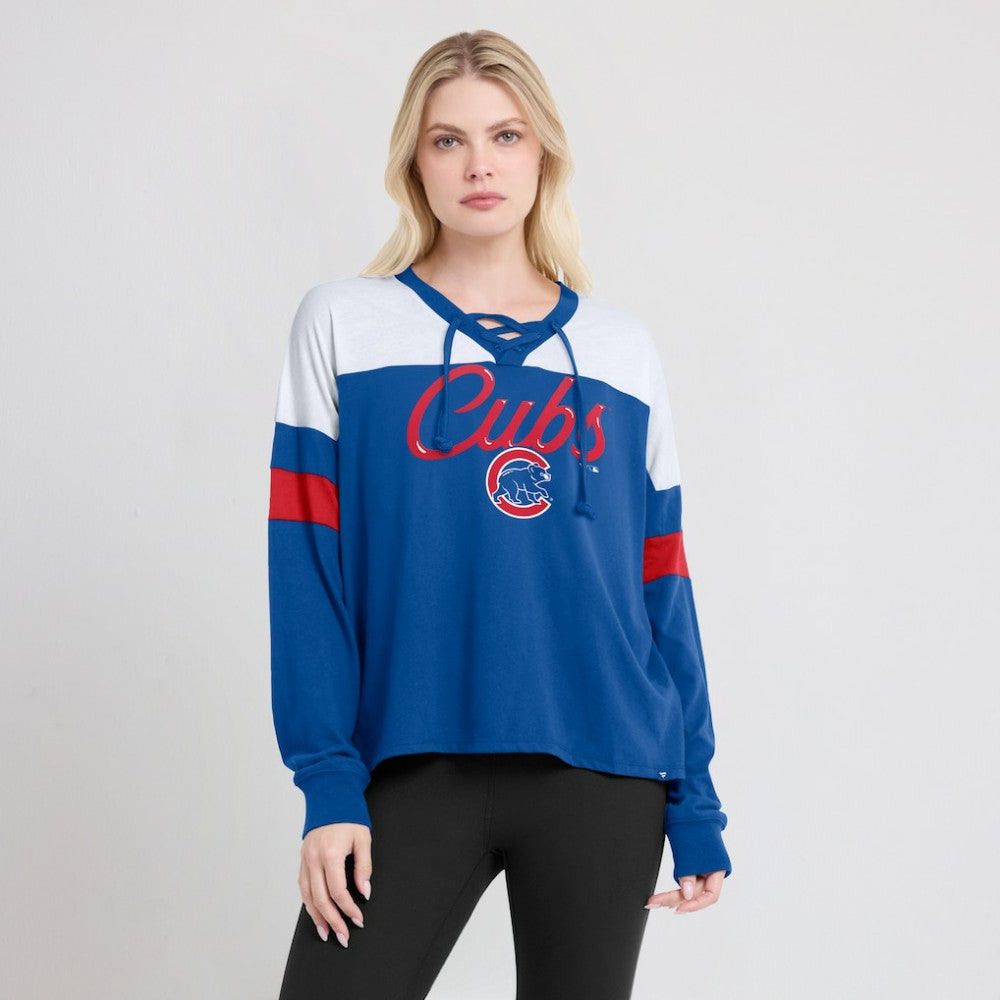 Chicago Cubs Fanatics Women's Even Match Lace-Up Long Sleeve V-Neck T-Shirt - MLB