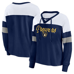 Milwaukee Brewers Fanatics Women's Even Match Lace-Up Long Sleeve V-Neck T-Shirt - MLB