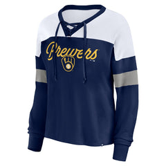 Milwaukee Brewers Fanatics Women's Even Match Lace-Up Long Sleeve V-Neck T-Shirt - MLB