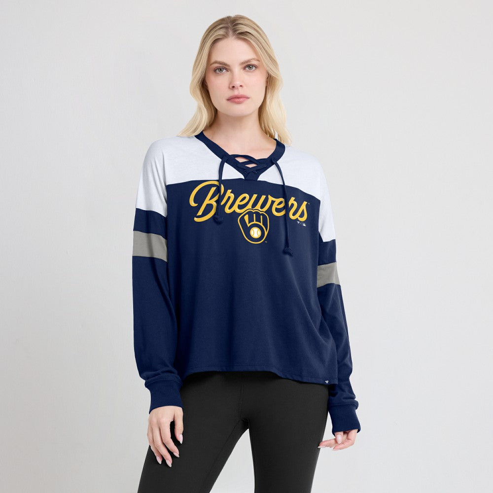 Milwaukee Brewers Fanatics Women's Even Match Lace-Up Long Sleeve V-Neck T-Shirt - MLB