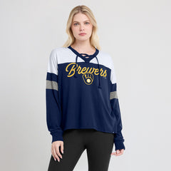 Milwaukee Brewers Fanatics Women's Even Match Lace-Up Long Sleeve V-Neck T-Shirt - MLB